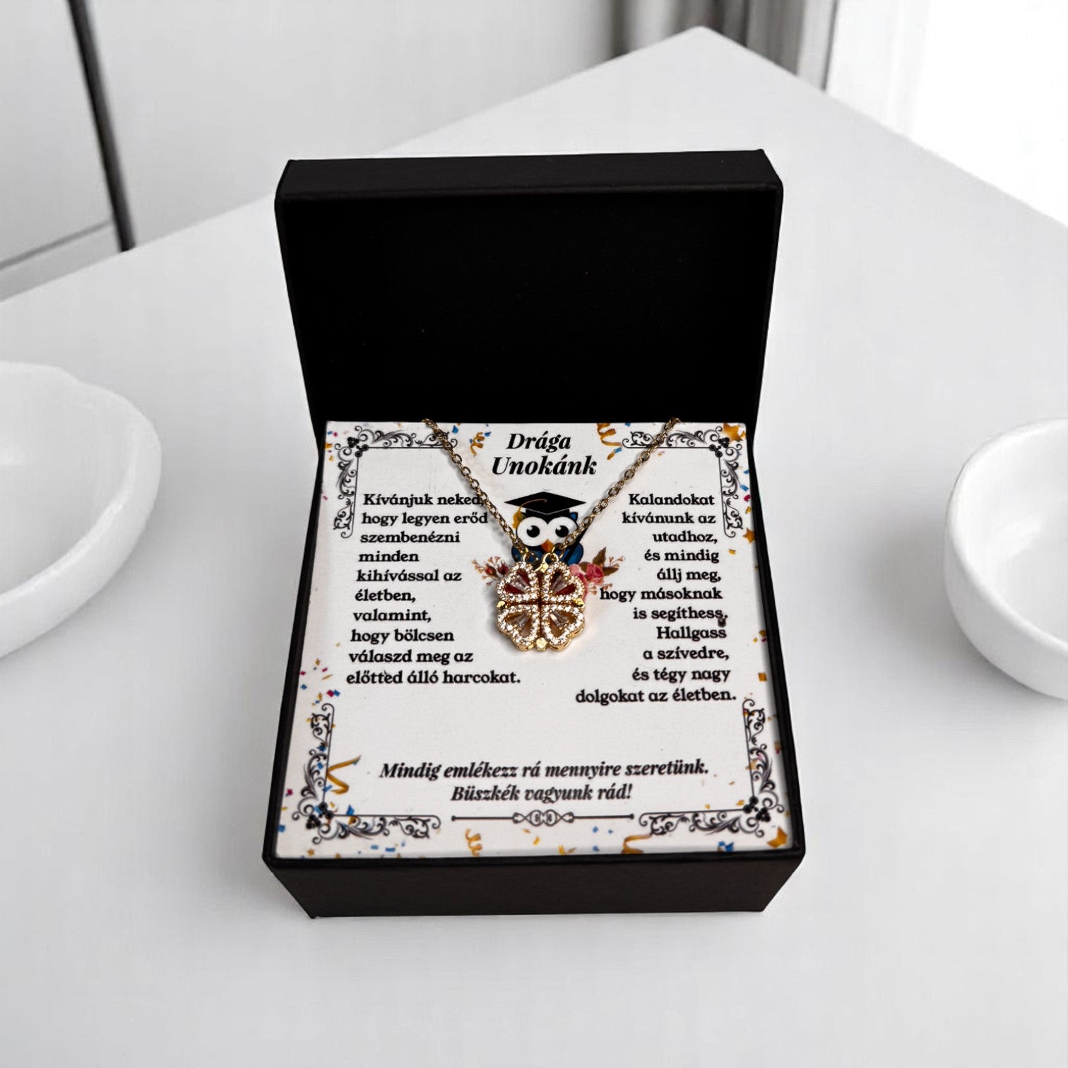 Drága Unokánk - Ballagási Nyaklánc - A03-Z01 - 4 szív 1 szerencsehozó lóhere minta 😍