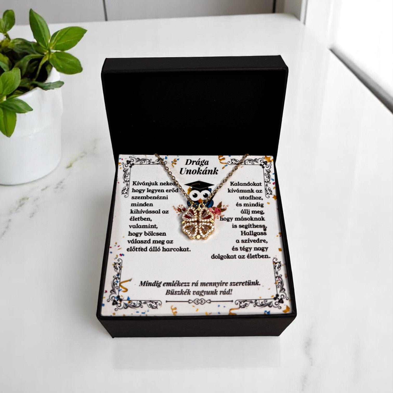 Drága Unokánk - Ballagási Nyaklánc - A03-Z01 - 4 szív 1 szerencsehozó lóhere minta 😍