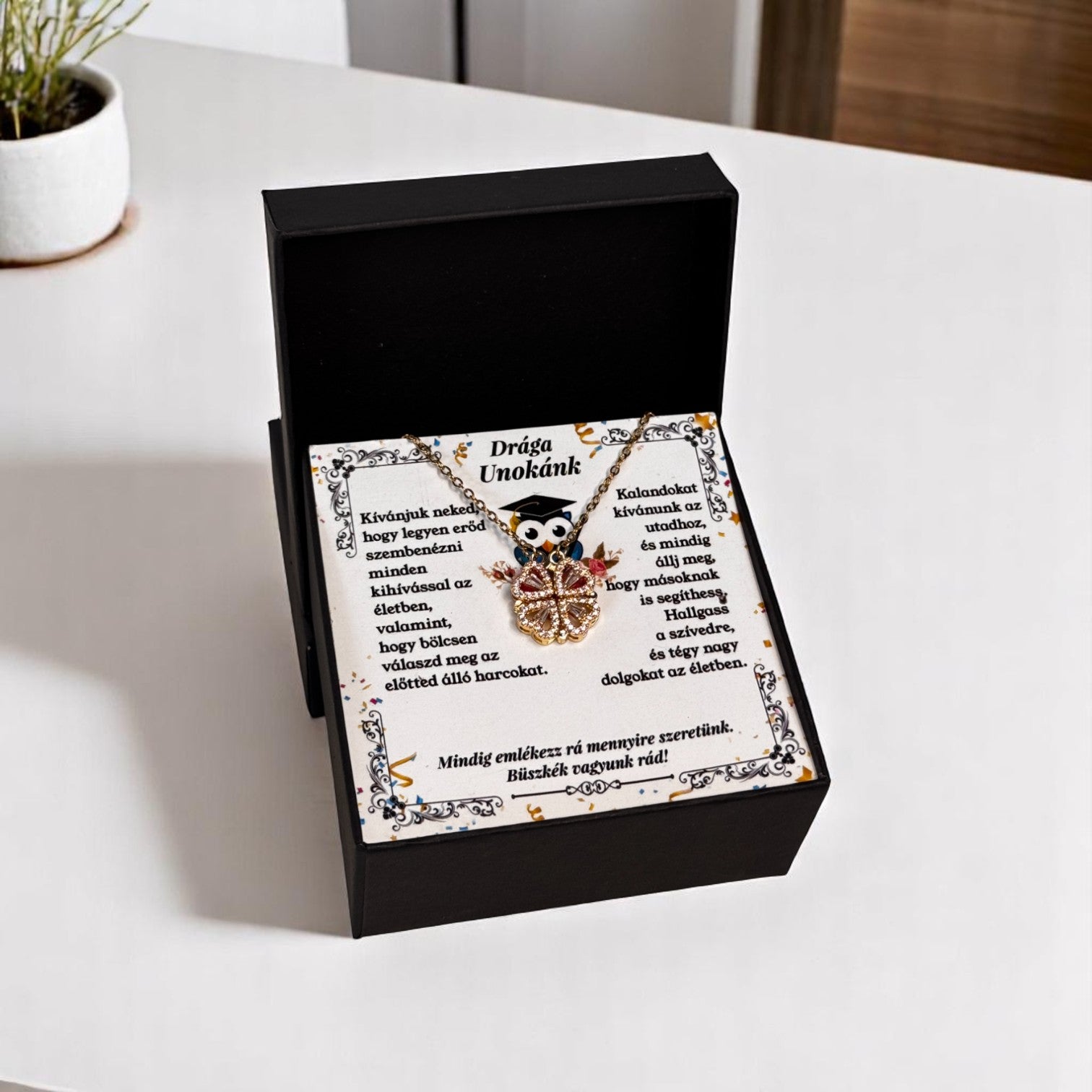 Drága Unokánk - Ballagási Nyaklánc - A03-Z01 - 4 szív 1 szerencsehozó lóhere minta 😍