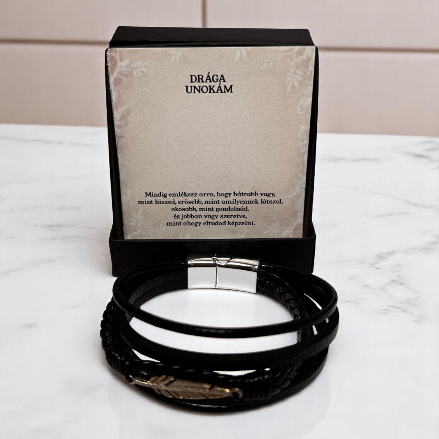 Fekete Bőr KARKÖTŐ - Drága Unokám - A46-Z29 - Mindig Emlékezz ❤